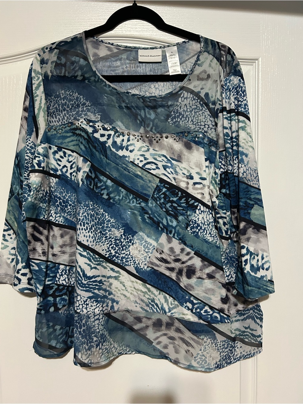 Alfred Dunner Blue Teal Multi-Print Sheer Layered Blouse